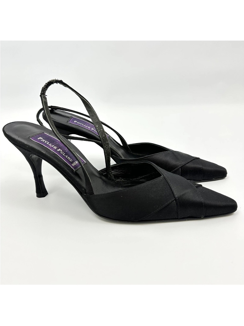 Vintage Phyllis Poland Black Satin Slingback Heels Size 7B Made in Italy